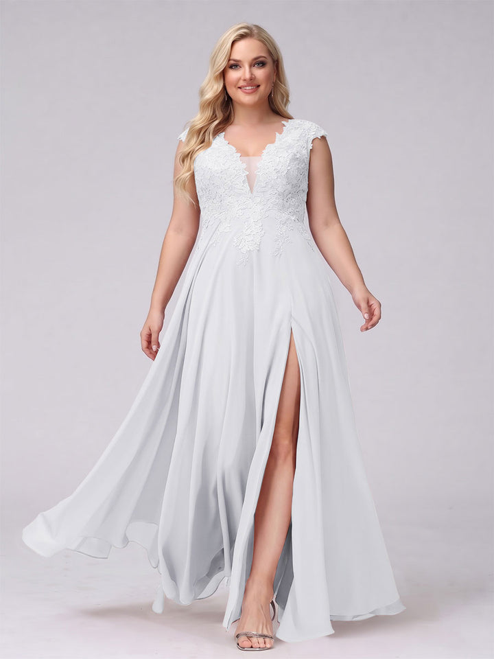 A-Line V-Neck Sleeveless Chiffon Long  Plus Size Bridesmaid Dresses With Applique Split Side
