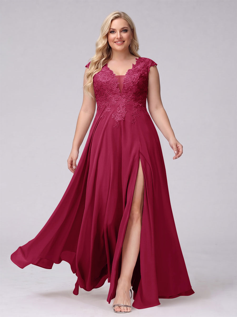 A-Line V-Neck Sleeveless Chiffon Long  Plus Size Bridesmaid Dresses With Applique Split Side