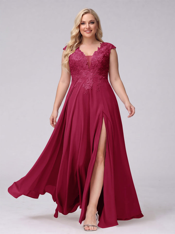 A-Line V-Neck Sleeveless Chiffon Long  Plus Size Bridesmaid Dresses With Applique Split Side
