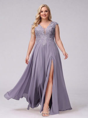 A-Line V-Neck Sleeveless Chiffon Long  Plus Size Bridesmaid Dresses With Applique Split Side