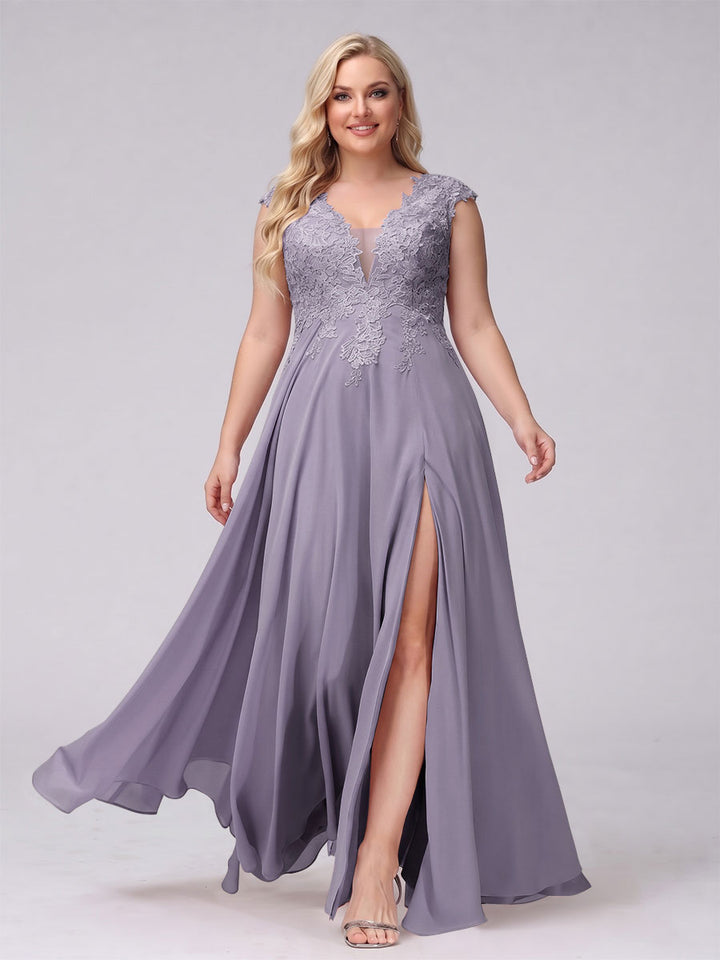 A-Line V-Neck Sleeveless Chiffon Long  Plus Size Bridesmaid Dresses With Applique Split Side