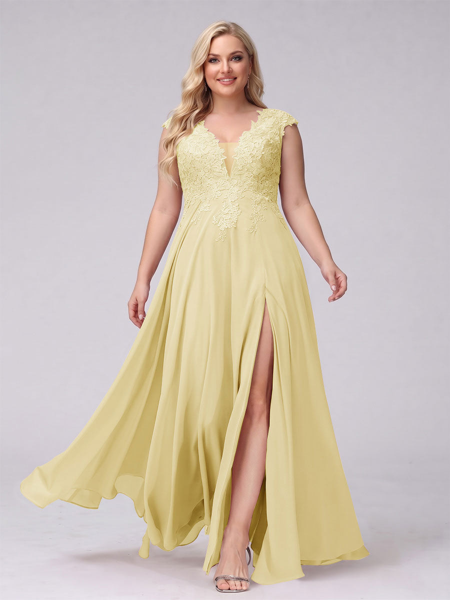 A-Line V-Neck Sleeveless Chiffon Long  Plus Size Bridesmaid Dresses With Applique Split Side