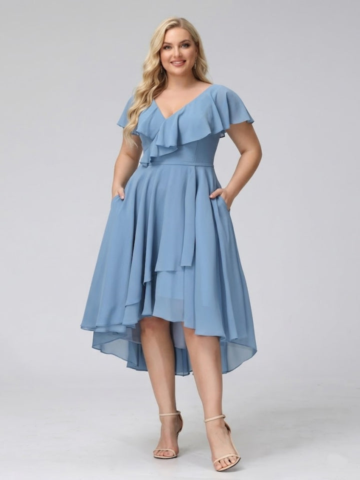 A-Line V-Neck Short Sleeves Asymmetrical Chiffon Plus Size Bridesmaid Dresses With Pockets
