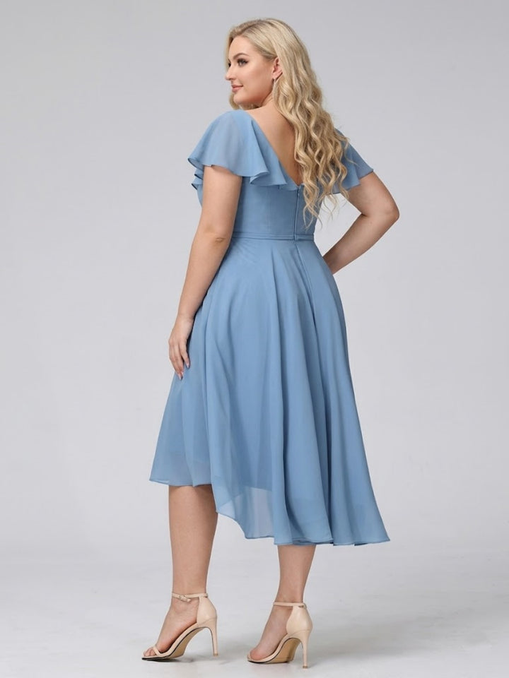 A-Line V-Neck Short Sleeves Asymmetrical Chiffon Plus Size Bridesmaid Dresses With Pockets