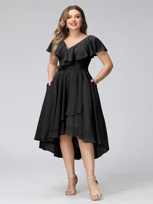 A-Line V-Neck Short Sleeves Asymmetrical Chiffon Plus Size Bridesmaid Dresses With Pockets