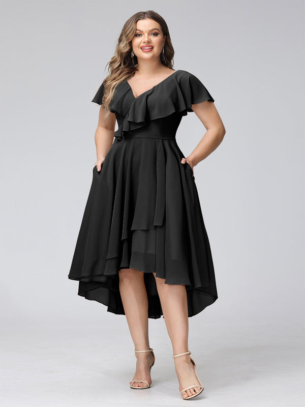 A-Line V-Neck Short Sleeves Asymmetrical Chiffon Plus Size Bridesmaid Dresses With Pockets
