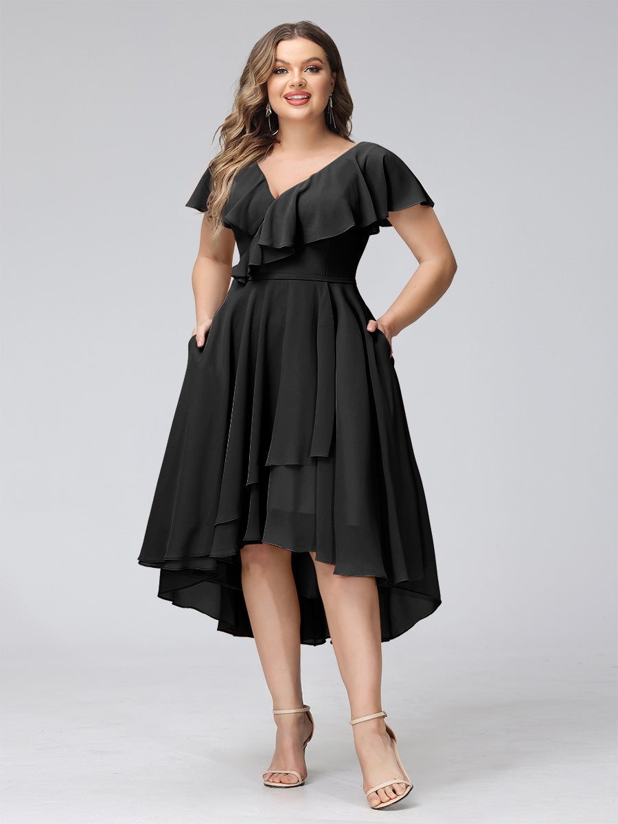 A-Line V-Neck Short Sleeves Asymmetrical Chiffon Plus Size Bridesmaid Dresses With Pockets