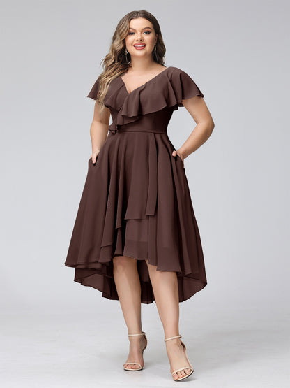 A-Line V-Neck Short Sleeves Asymmetrical Chiffon Plus Size Bridesmaid Dresses With Pockets