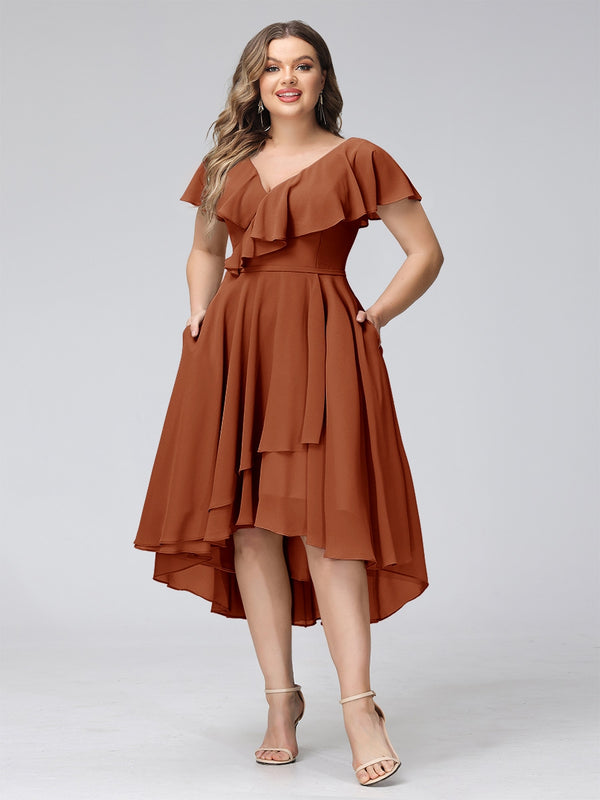 A-Line V-Neck Short Sleeves Asymmetrical Chiffon Plus Size Bridesmaid Dresses With Pockets