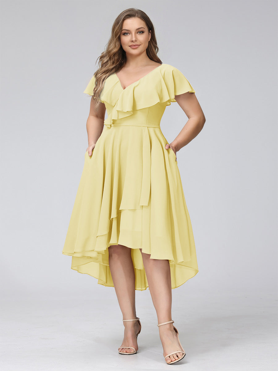 A-Line V-Neck Short Sleeves Asymmetrical Chiffon Plus Size Bridesmaid Dresses With Pockets