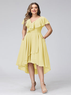 A-Line V-Neck Short Sleeves Asymmetrical Chiffon Plus Size Bridesmaid Dresses With Pockets