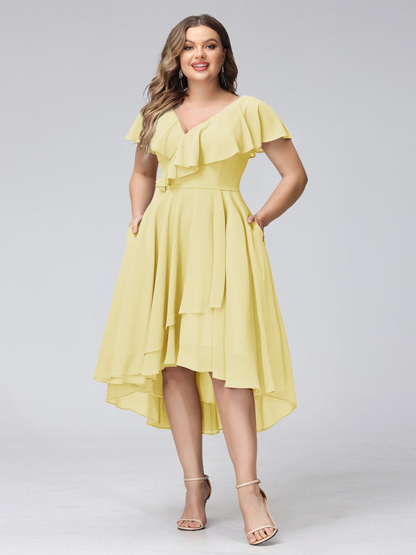 A-Line V-Neck Short Sleeves Asymmetrical Chiffon Plus Size Bridesmaid Dresses With Pockets