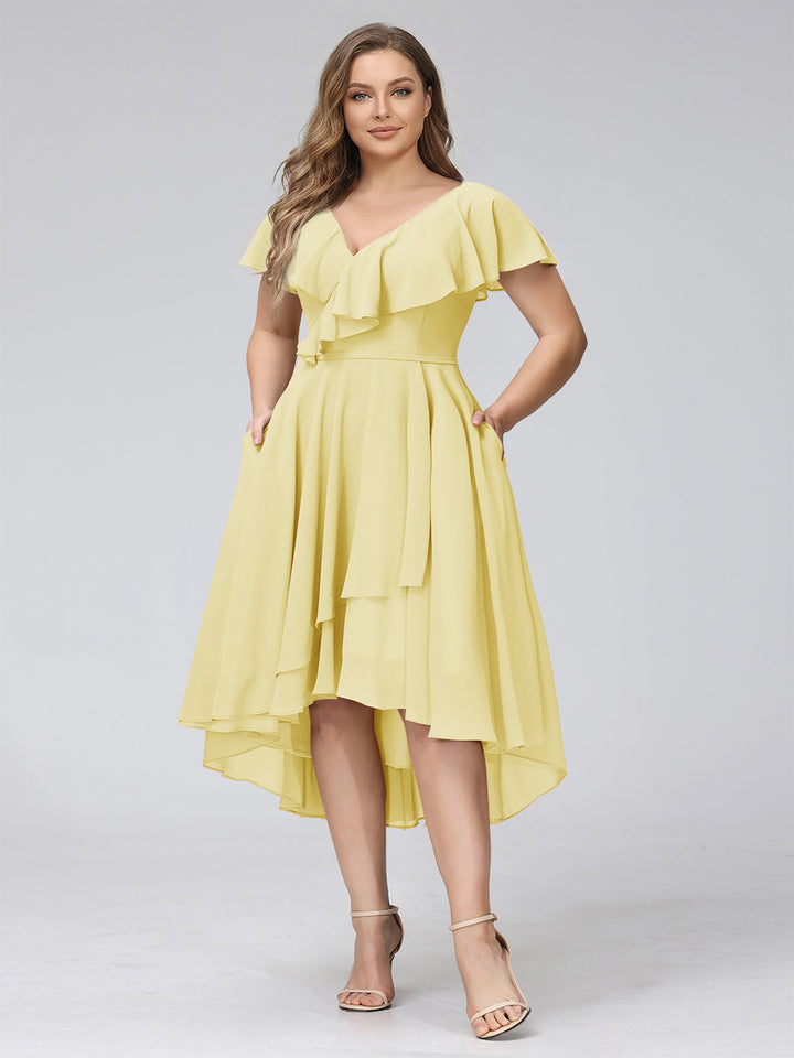 A-Line V-Neck Short Sleeves Asymmetrical Chiffon Plus Size Bridesmaid Dresses With Pockets
