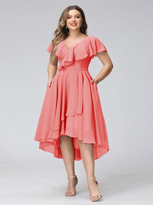 A-Line V-Neck Short Sleeves Asymmetrical Chiffon Plus Size Bridesmaid Dresses With Pockets