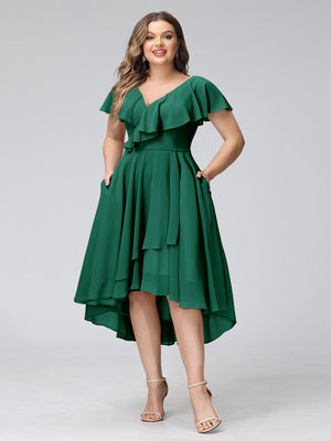 A-Line V-Neck Short Sleeves Asymmetrical Chiffon Plus Size Bridesmaid Dresses With Pockets