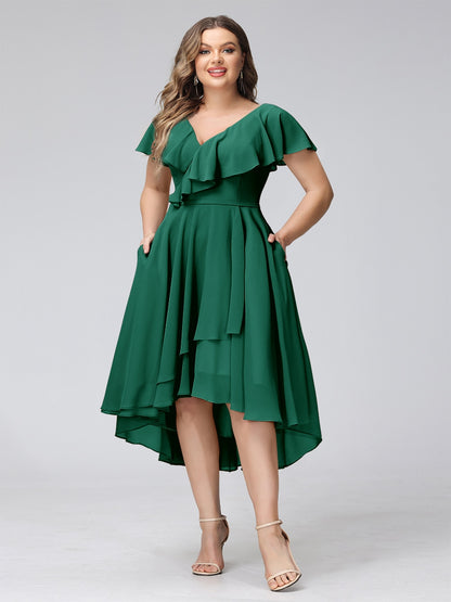 A-Line V-Neck Short Sleeves Asymmetrical Chiffon Plus Size Bridesmaid Dresses With Pockets
