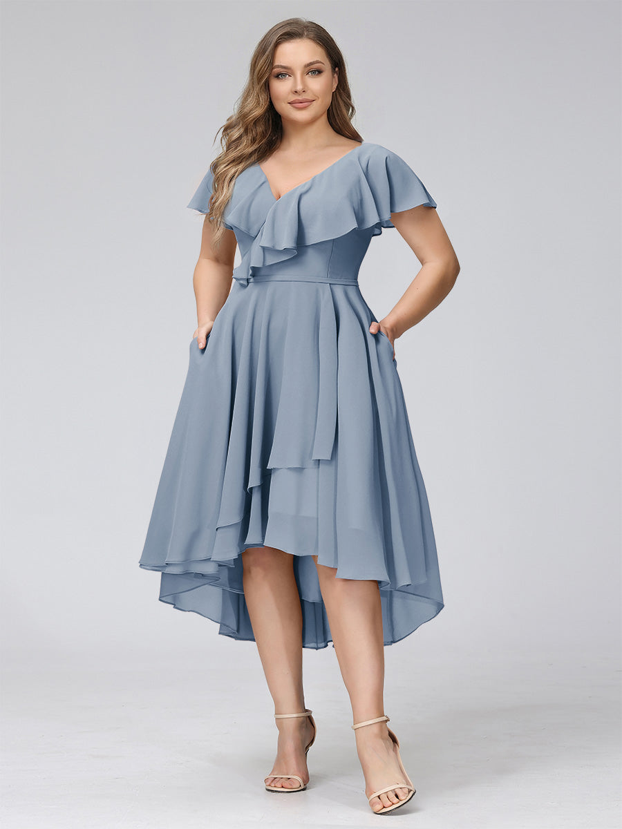 A-Line V-Neck Short Sleeves Asymmetrical Chiffon Plus Size Bridesmaid Dresses With Pockets