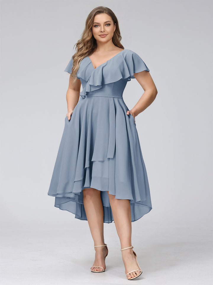 A-Line V-Neck Short Sleeves Asymmetrical Chiffon Plus Size Bridesmaid Dresses With Pockets