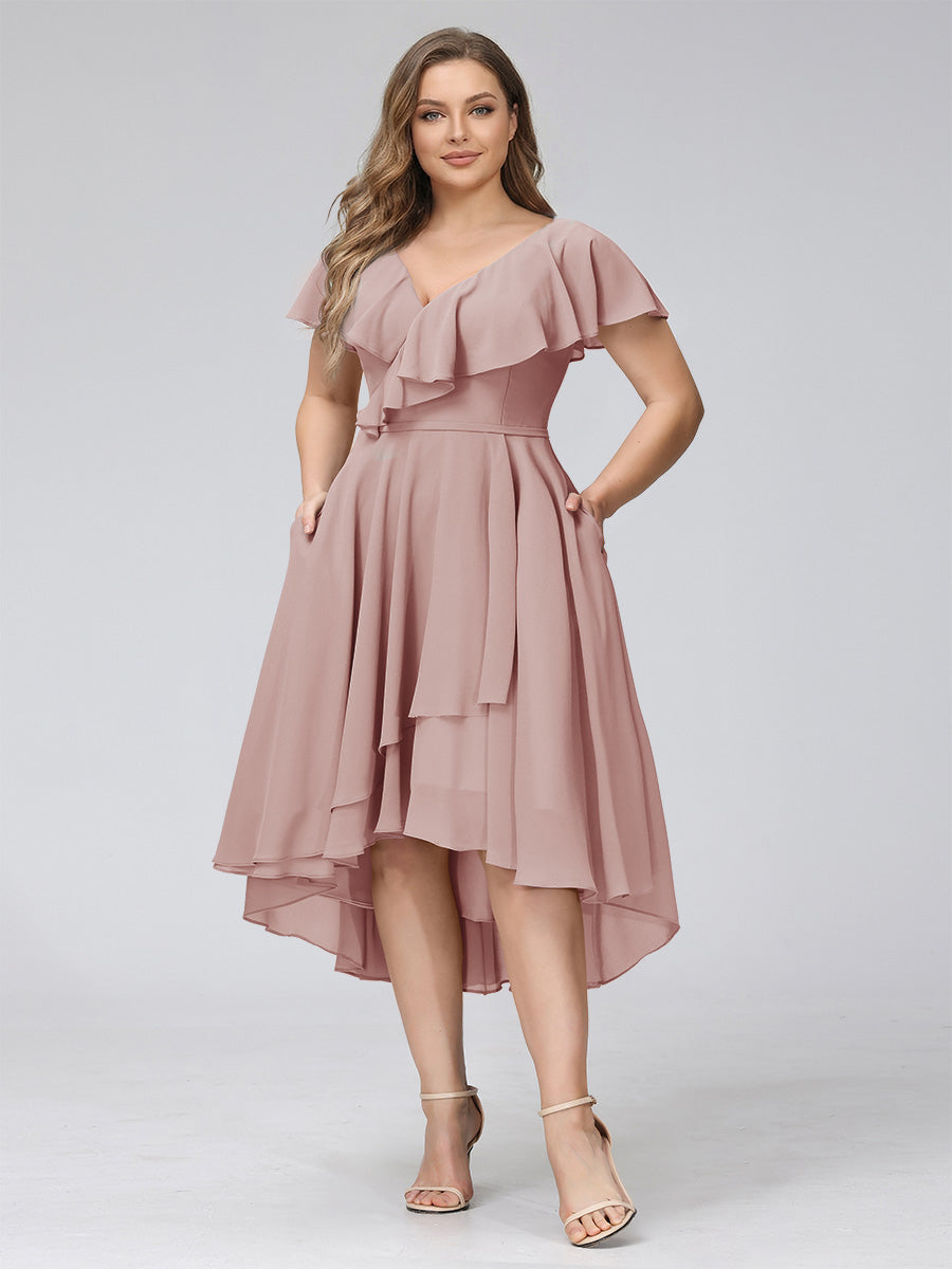 A-Line V-Neck Short Sleeves Asymmetrical Chiffon Plus Size Bridesmaid Dresses With Pockets