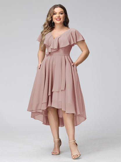 A-Line V-Neck Short Sleeves Asymmetrical Chiffon Plus Size Bridesmaid Dresses With Pockets