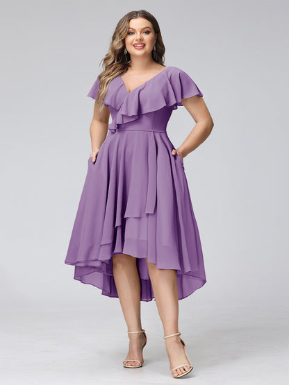 A-Line V-Neck Short Sleeves Asymmetrical Chiffon Plus Size Bridesmaid Dresses With Pockets