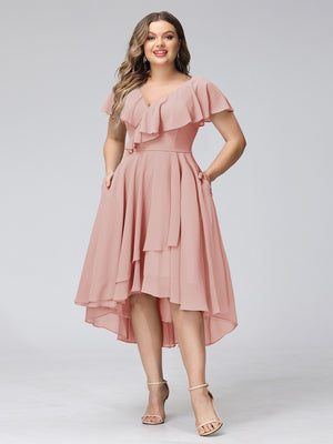 A-Line V-Neck Short Sleeves Asymmetrical Chiffon Plus Size Bridesmaid Dresses With Pockets