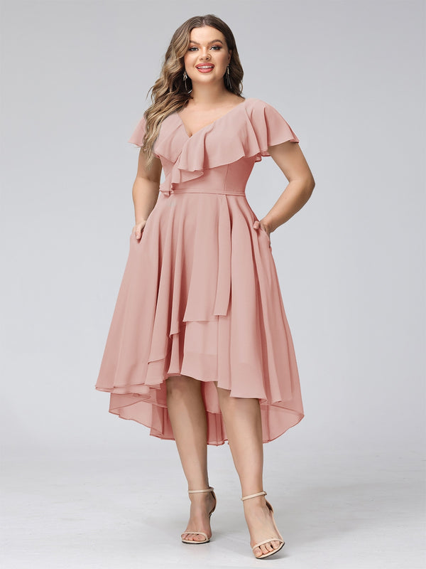 A-Line V-Neck Short Sleeves Asymmetrical Chiffon Plus Size Bridesmaid Dresses With Pockets