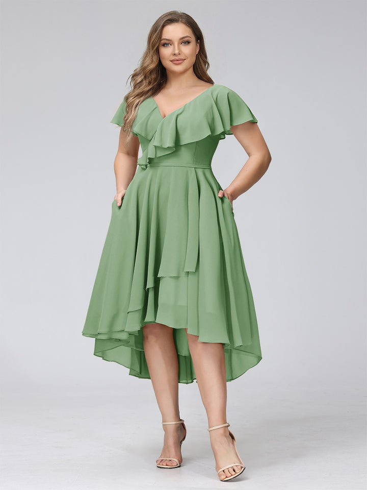 A-Line V-Neck Short Sleeves Asymmetrical Chiffon Plus Size Bridesmaid Dresses With Pockets