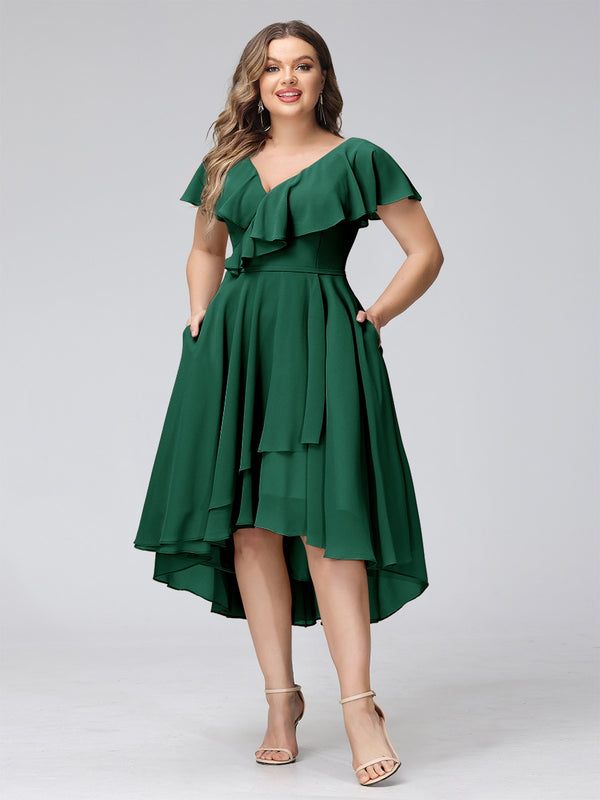 A-Line V-Neck Short Sleeves Asymmetrical Chiffon Plus Size Bridesmaid Dresses With Pockets
