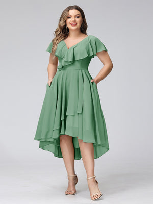 A-Line V-Neck Short Sleeves Asymmetrical Chiffon Plus Size Bridesmaid Dresses With Pockets