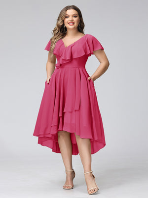 A-Line V-Neck Short Sleeves Asymmetrical Chiffon Plus Size Bridesmaid Dresses With Pockets