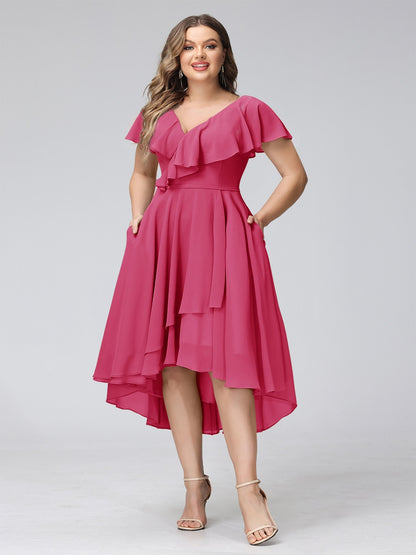 A-Line V-Neck Short Sleeves Asymmetrical Chiffon Plus Size Bridesmaid Dresses With Pockets