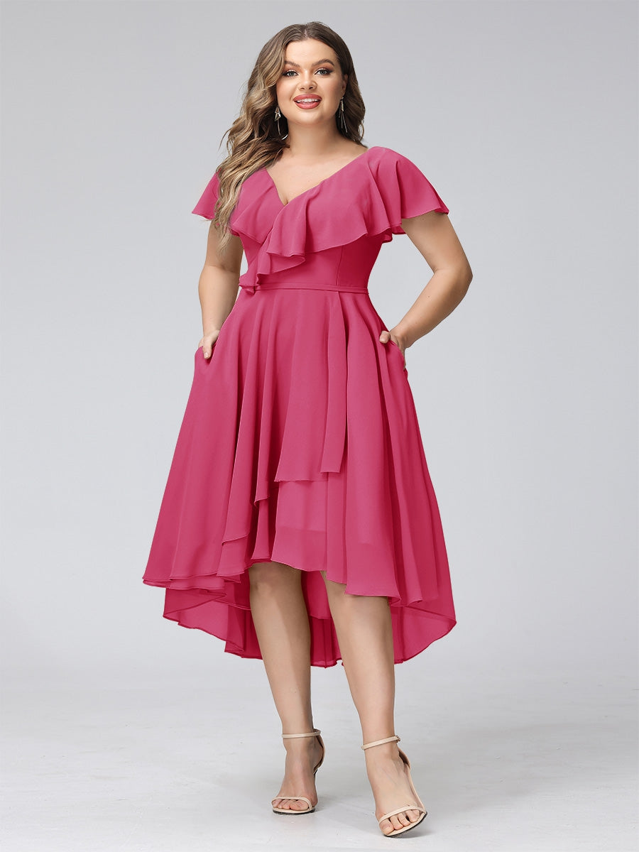 A-Line V-Neck Short Sleeves Asymmetrical Chiffon Plus Size Bridesmaid Dresses With Pockets