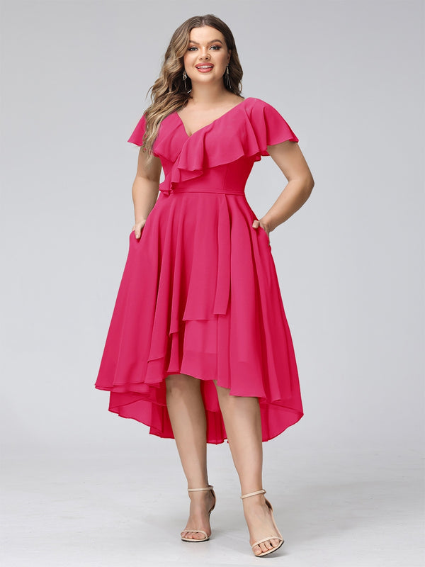 A-Line V-Neck Short Sleeves Asymmetrical Chiffon Plus Size Bridesmaid Dresses With Pockets