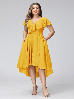 A-Line V-Neck Short Sleeves Asymmetrical Chiffon Plus Size Bridesmaid Dresses With Pockets
