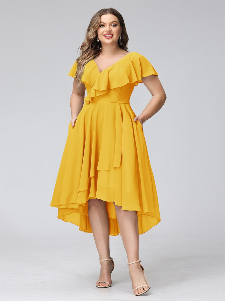 A-Line V-Neck Short Sleeves Asymmetrical Chiffon Plus Size Bridesmaid Dresses With Pockets