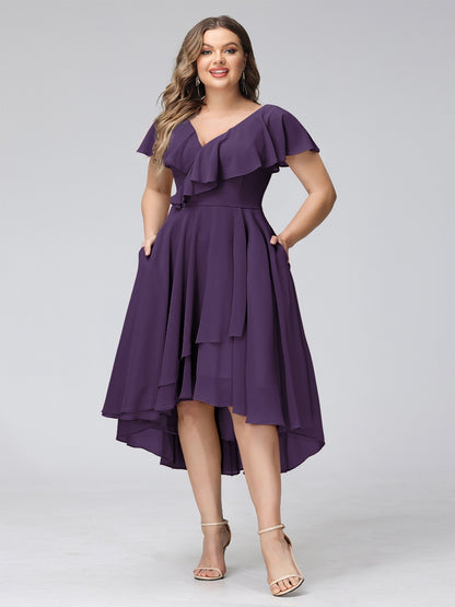 A-Line V-Neck Short Sleeves Asymmetrical Chiffon Plus Size Bridesmaid Dresses With Pockets