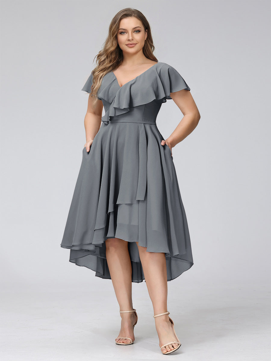 A-Line V-Neck Short Sleeves Asymmetrical Chiffon Plus Size Bridesmaid Dresses With Pockets