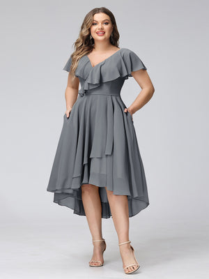 A-Line V-Neck Short Sleeves Asymmetrical Chiffon Plus Size Bridesmaid Dresses With Pockets