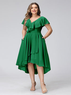 A-Line V-Neck Short Sleeves Asymmetrical Chiffon Plus Size Bridesmaid Dresses With Pockets