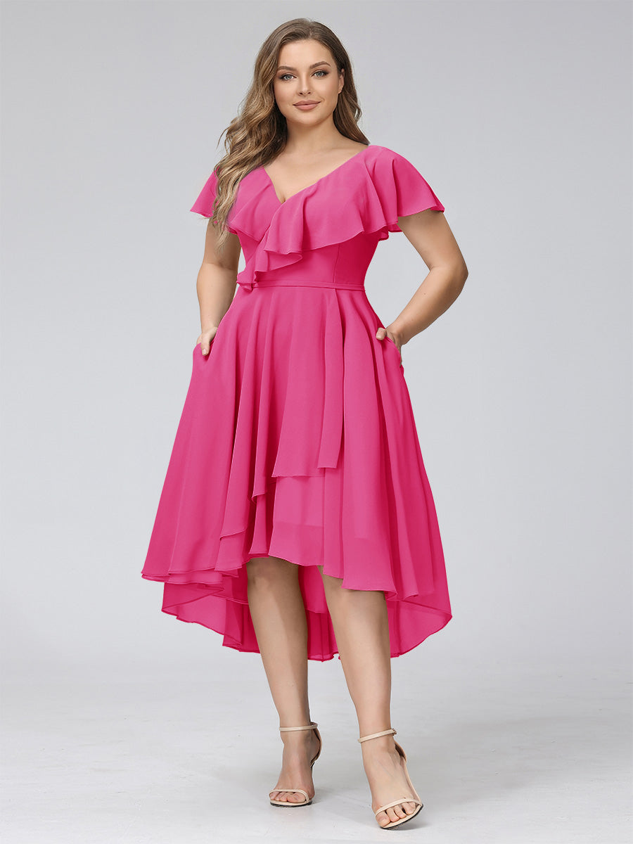 A-Line V-Neck Short Sleeves Asymmetrical Chiffon Plus Size Bridesmaid Dresses With Pockets