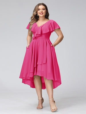 A-Line V-Neck Short Sleeves Asymmetrical Chiffon Plus Size Bridesmaid Dresses With Pockets