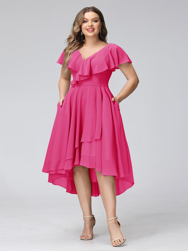 A-Line V-Neck Short Sleeves Asymmetrical Chiffon Plus Size Bridesmaid Dresses With Pockets