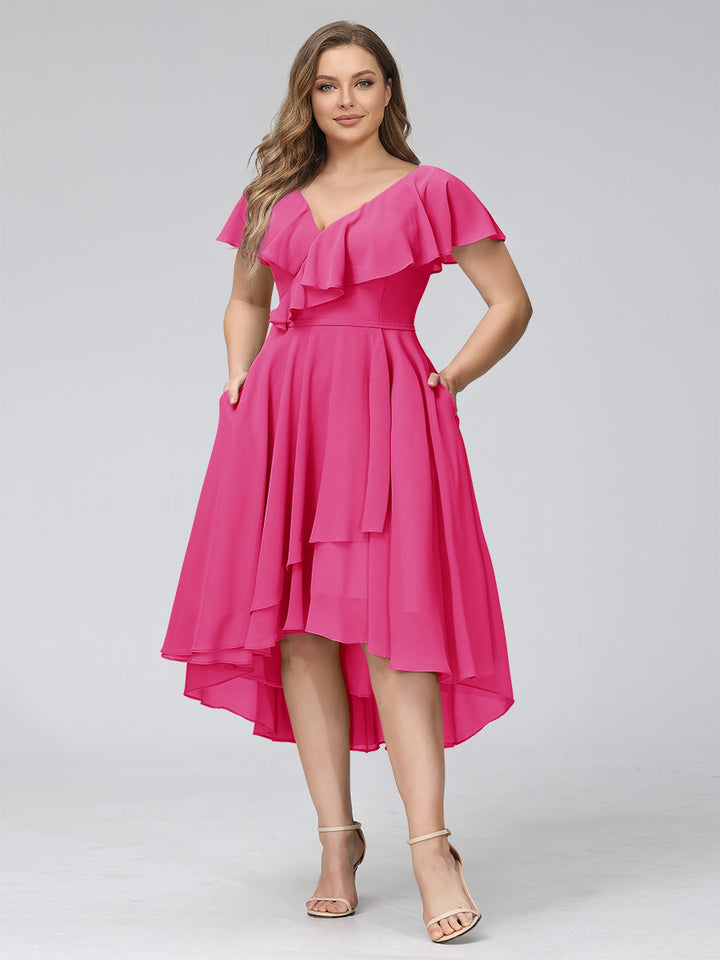A-Line V-Neck Short Sleeves Asymmetrical Chiffon Plus Size Bridesmaid Dresses With Pockets