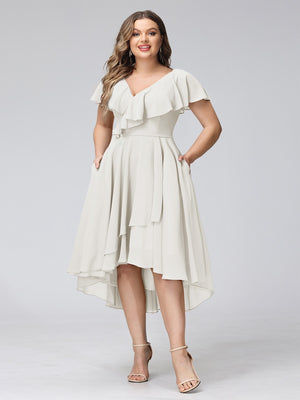 A-Line V-Neck Short Sleeves Asymmetrical Chiffon Plus Size Bridesmaid Dresses With Pockets