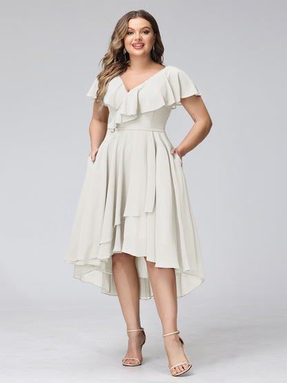 A-Line V-Neck Short Sleeves Asymmetrical Chiffon Plus Size Bridesmaid Dresses With Pockets