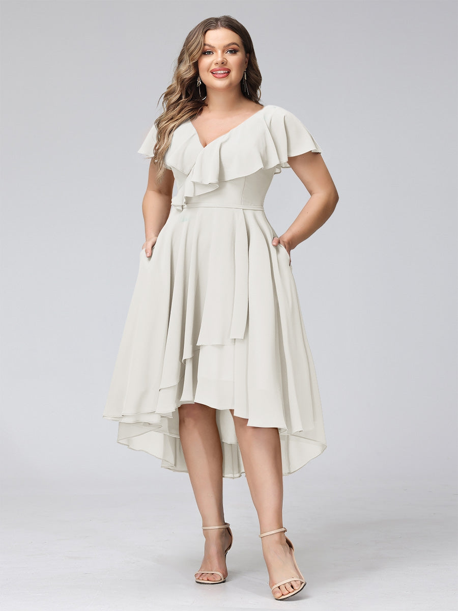 A-Line V-Neck Short Sleeves Asymmetrical Chiffon Plus Size Bridesmaid Dresses With Pockets