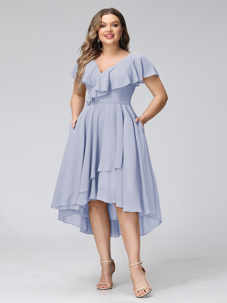 A-Line V-Neck Short Sleeves Asymmetrical Chiffon Plus Size Bridesmaid Dresses With Pockets
