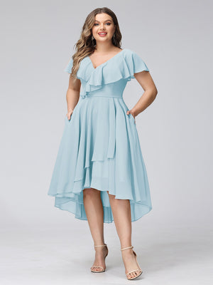 A-Line V-Neck Short Sleeves Asymmetrical Chiffon Plus Size Bridesmaid Dresses With Pockets