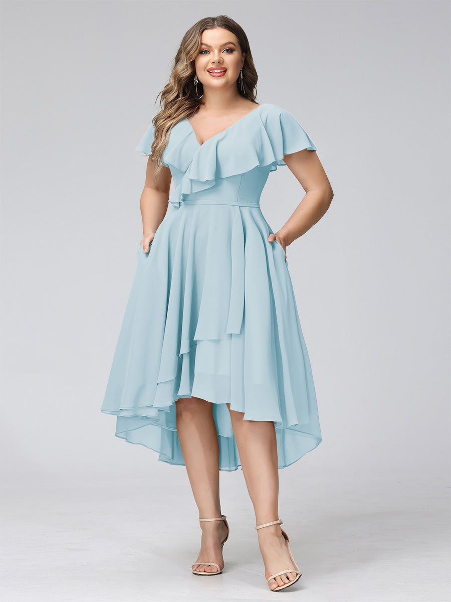 A-Line V-Neck Short Sleeves Asymmetrical Chiffon Plus Size Bridesmaid Dresses With Pockets